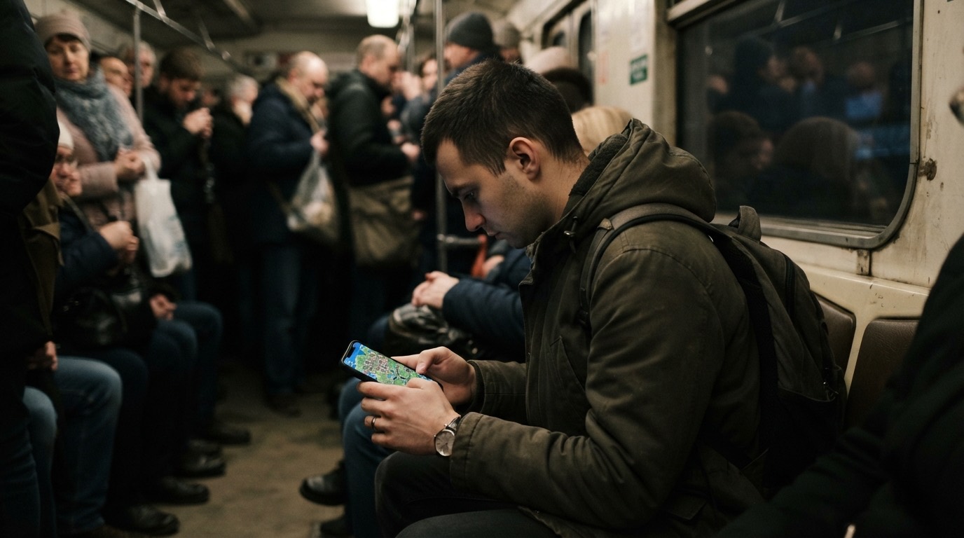 A commuter on the metro with a strategy game map on their phone