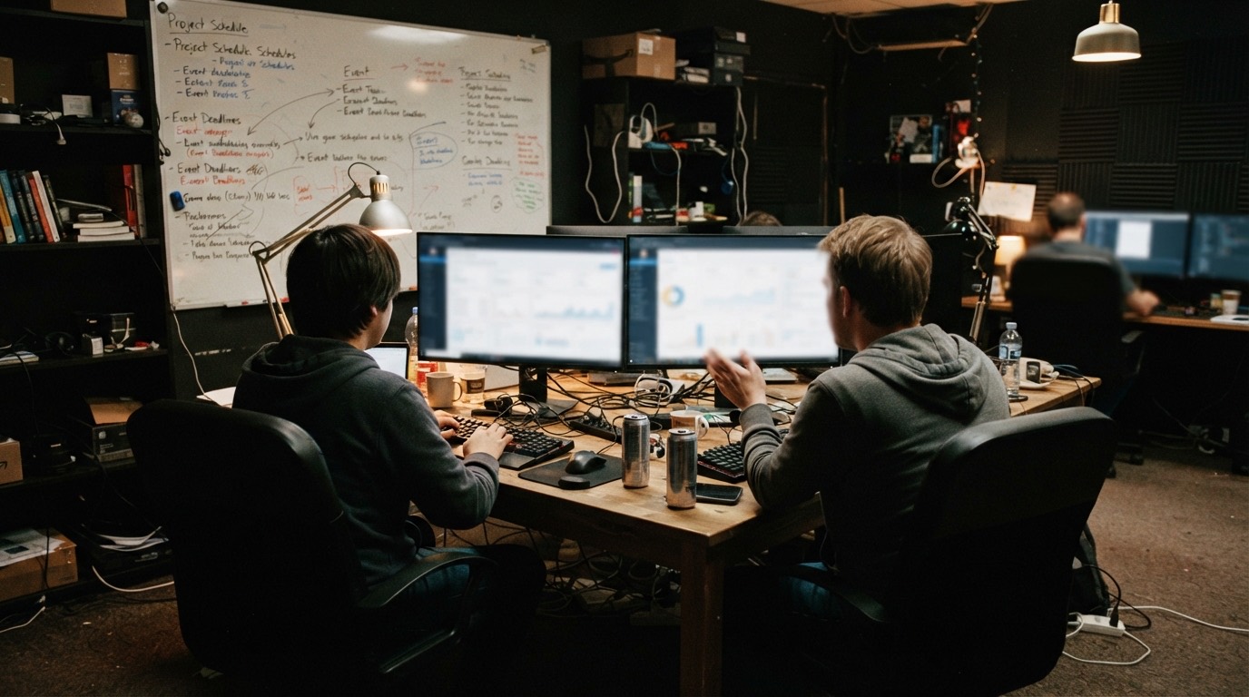 Two developers watching live statistics late at night in a small studio