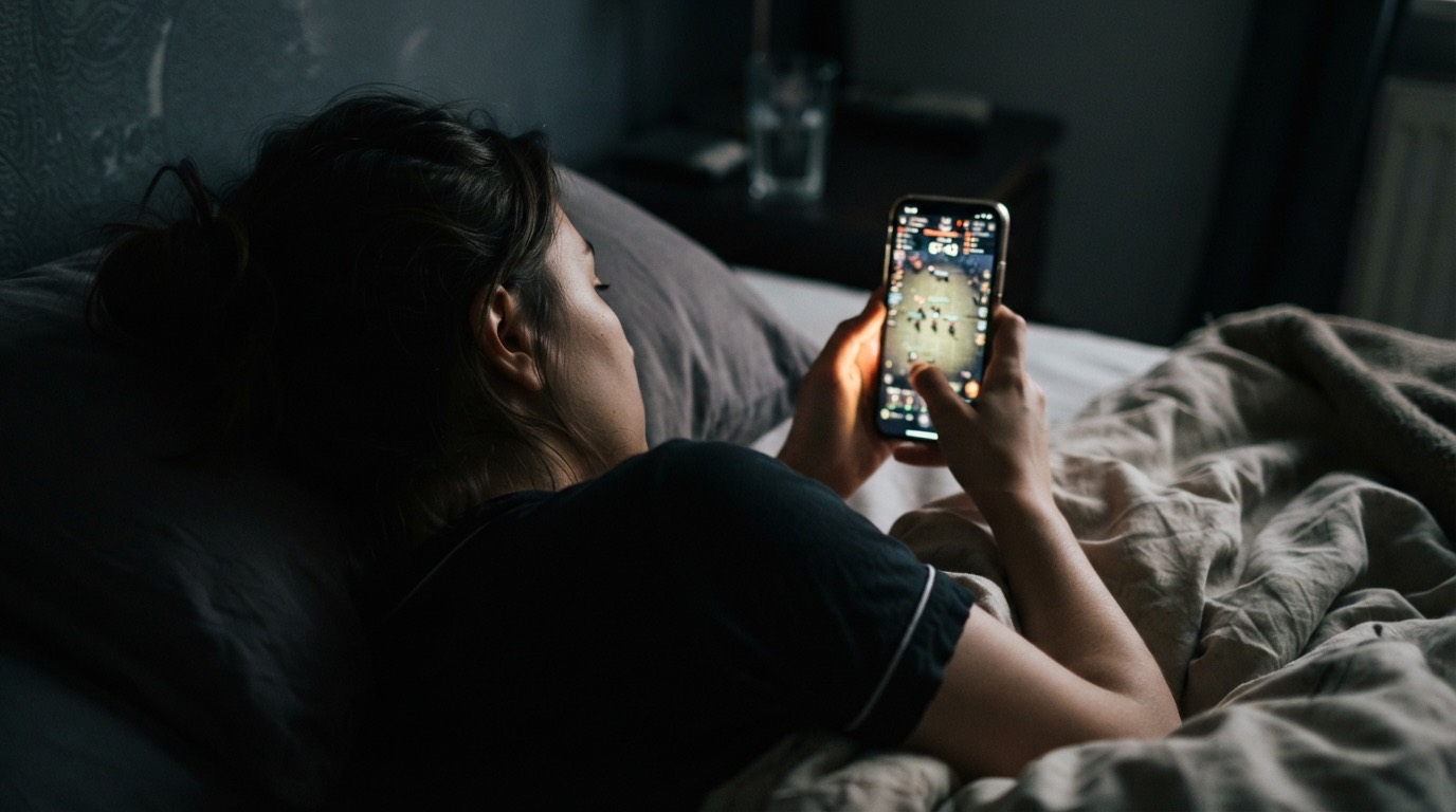 A person playing on their phone in bed at night, a timer and alliance chat on the screen