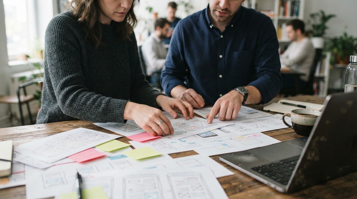 Paper wireframes of the screens in a product meeting