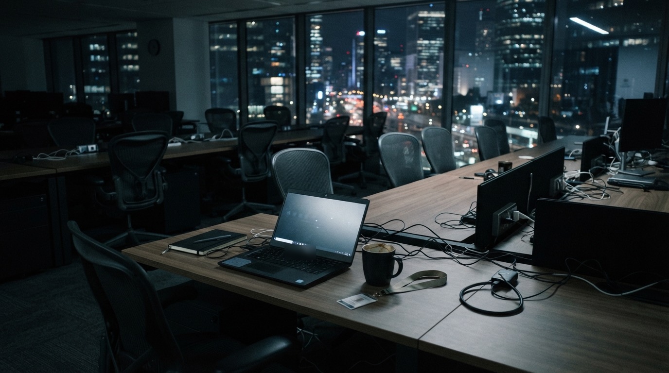 An empty open-plan office at night, a laptop left open on a desk next to a coffee mug and an access badge