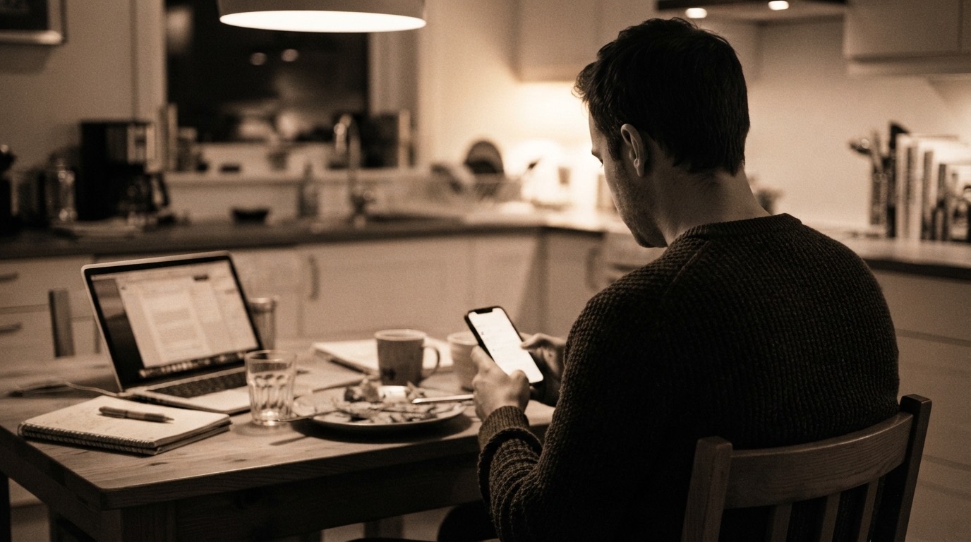 A man at a kitchen table in the evening looking at his phone, an open laptop and a half-eaten dinner beside him