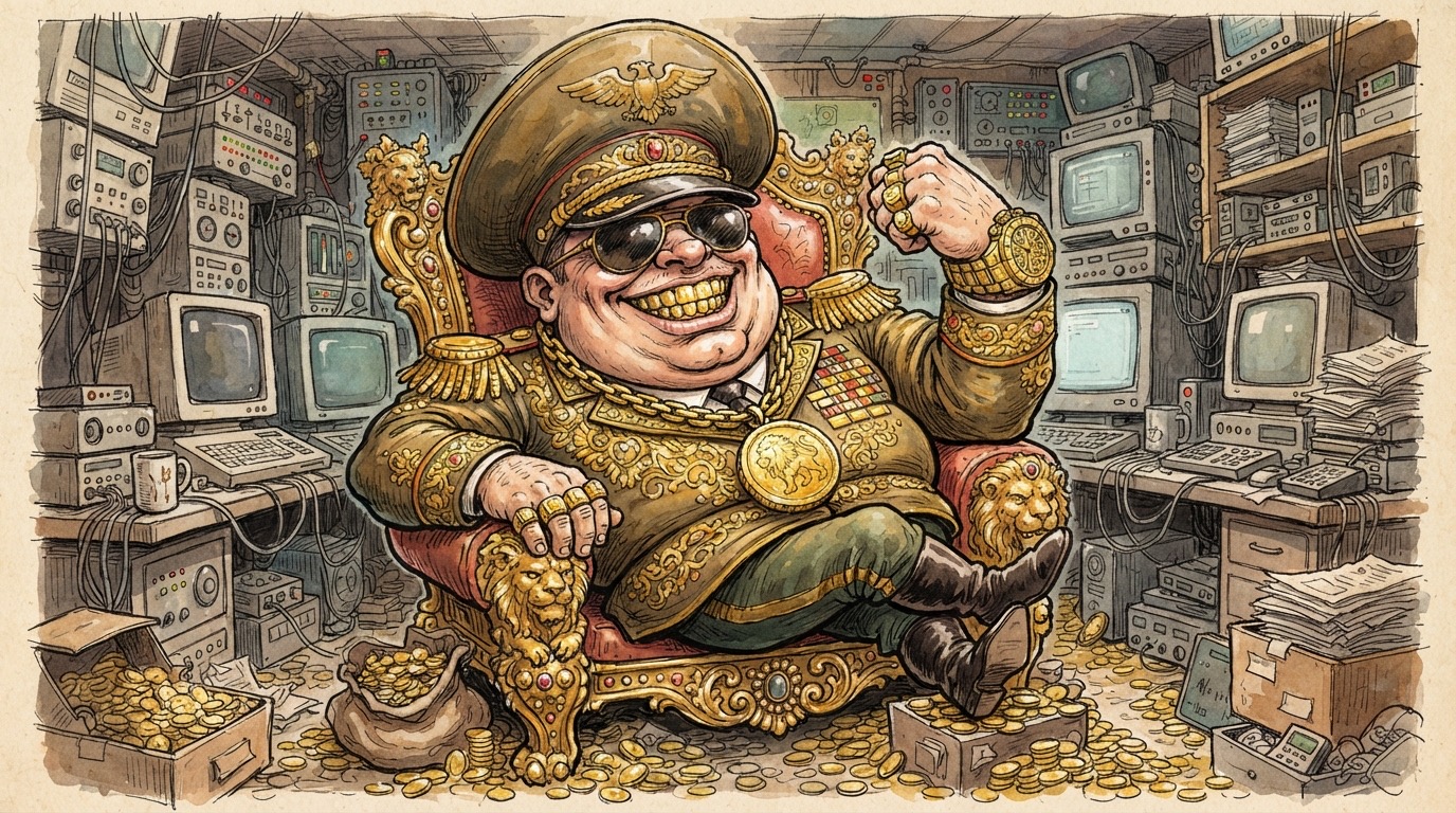 Cartoon: a fictional comic-opera dictator with gold teeth and a gold watch on a golden throne in a room full of old computers, surrounded by gold coins