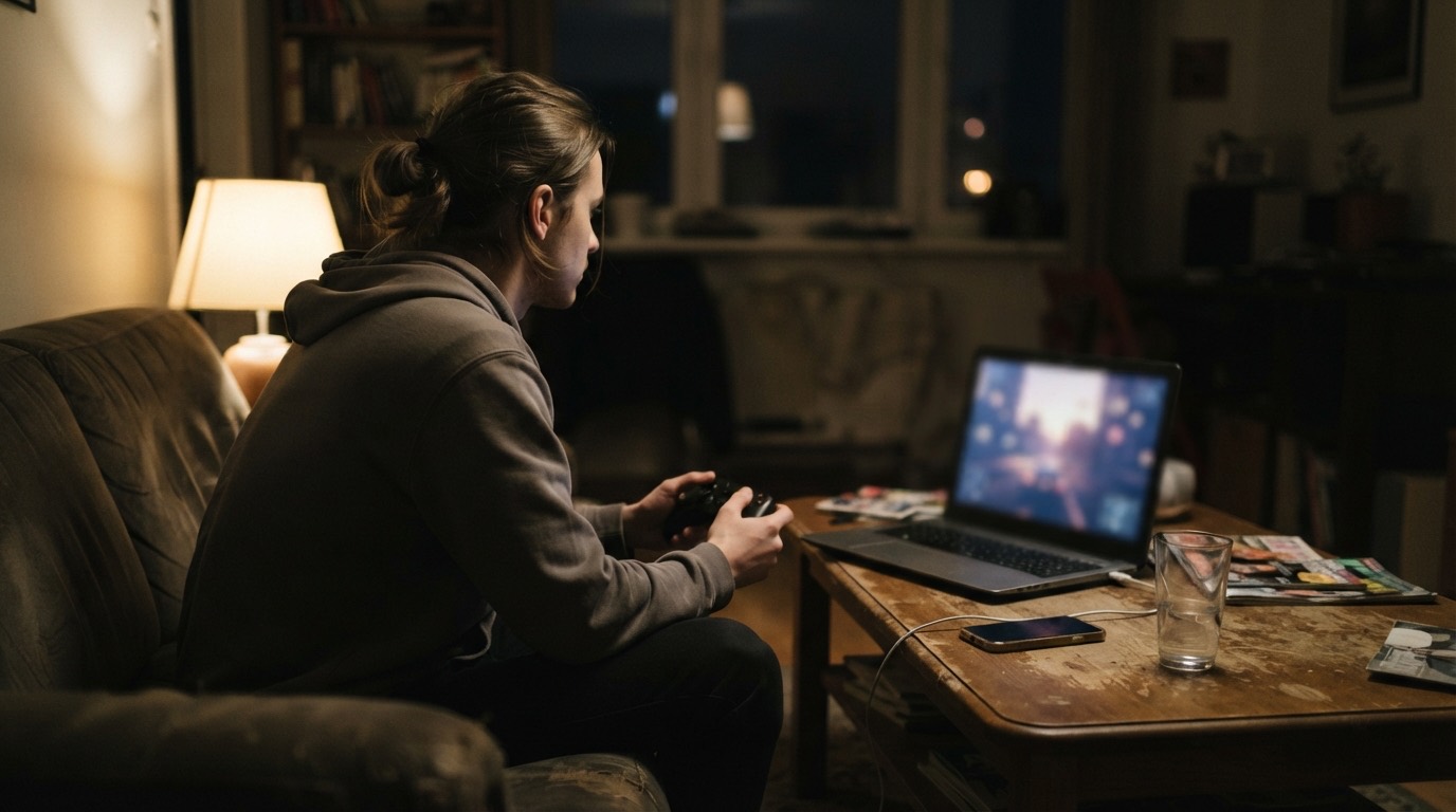 A renter playing on a laptop with a controller on a sofa