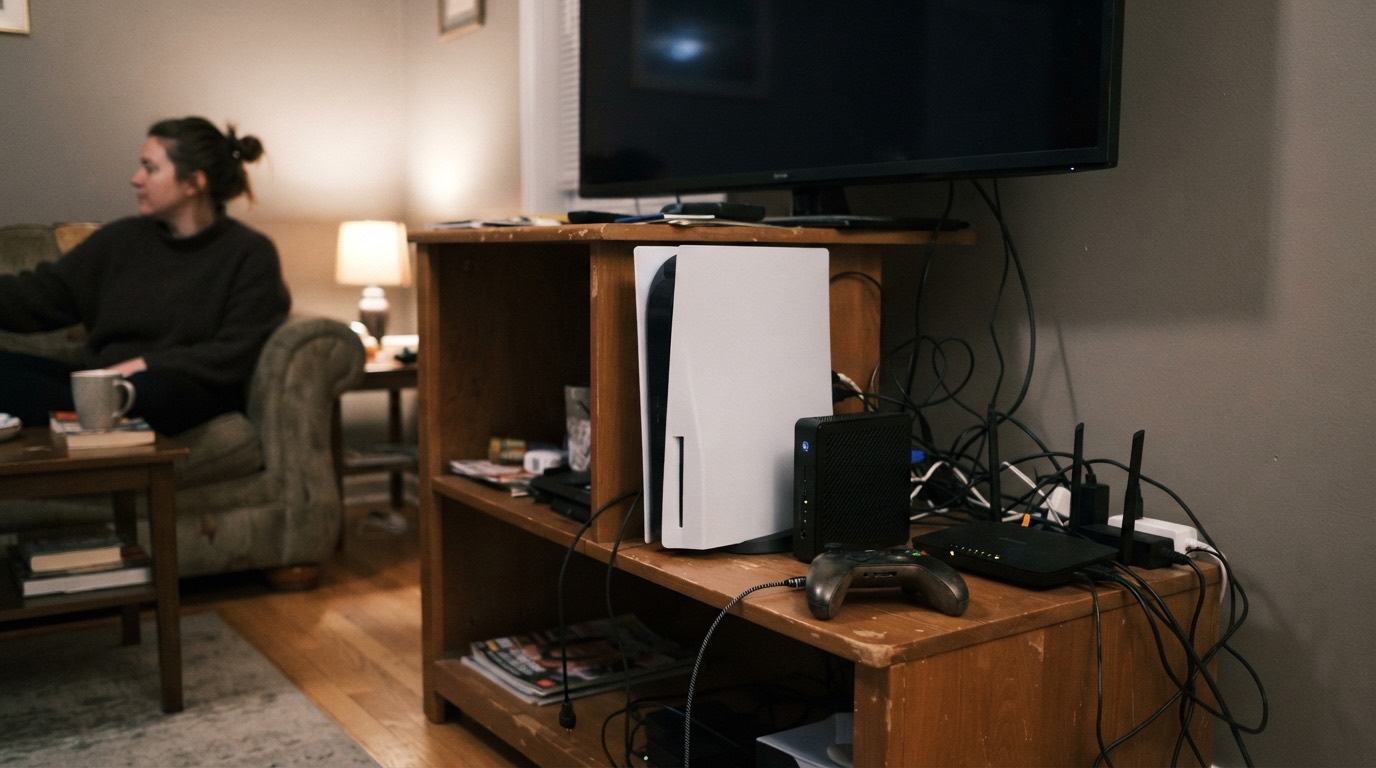 A console, a mini PC and a router on the shelf under the TV