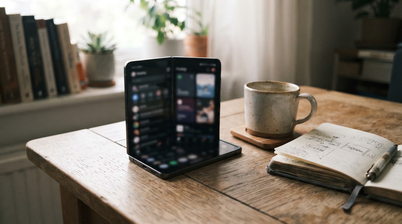 A half-folded foldable phone on a desk, showing a two-column app