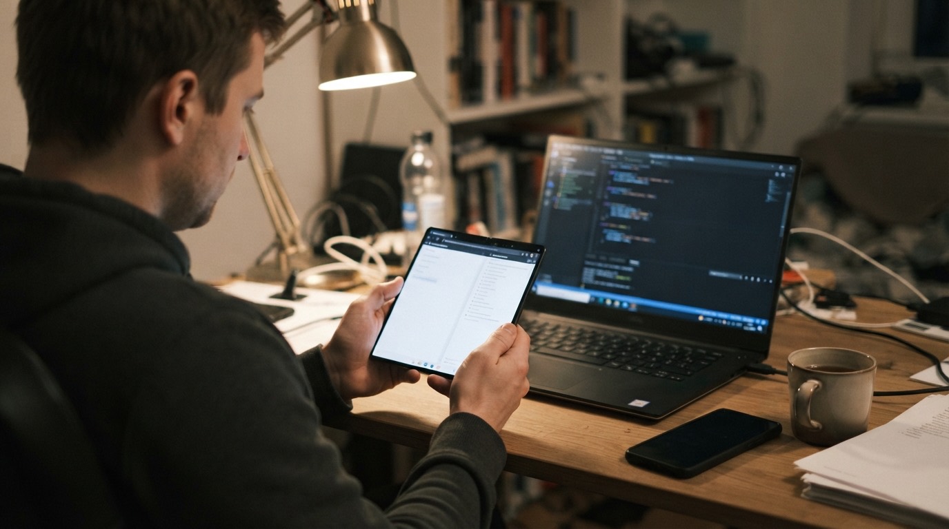 A developer testing on an unfolded foldable phone, with a laptop showing code beside it