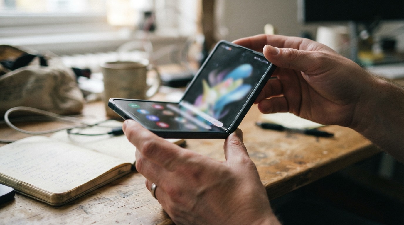 Two hands unfolding a thin foldable phone
