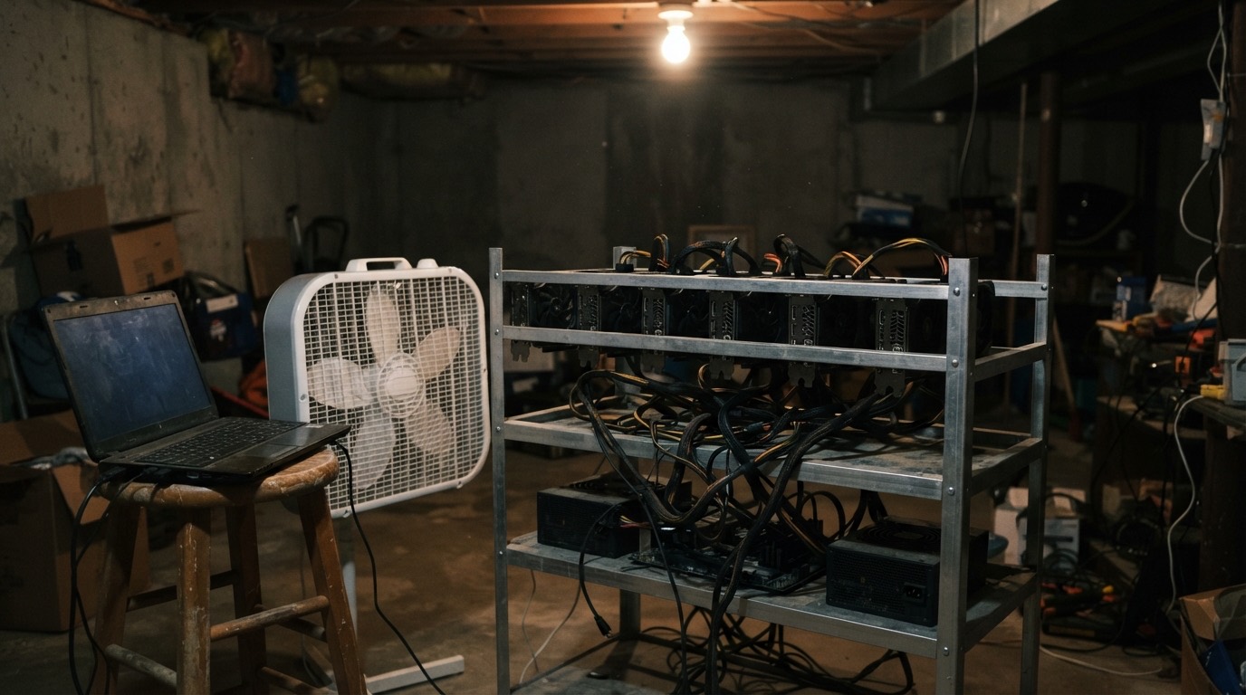 Six graphics cards on an open metal frame in a basement, with a fan and a laptop next to it