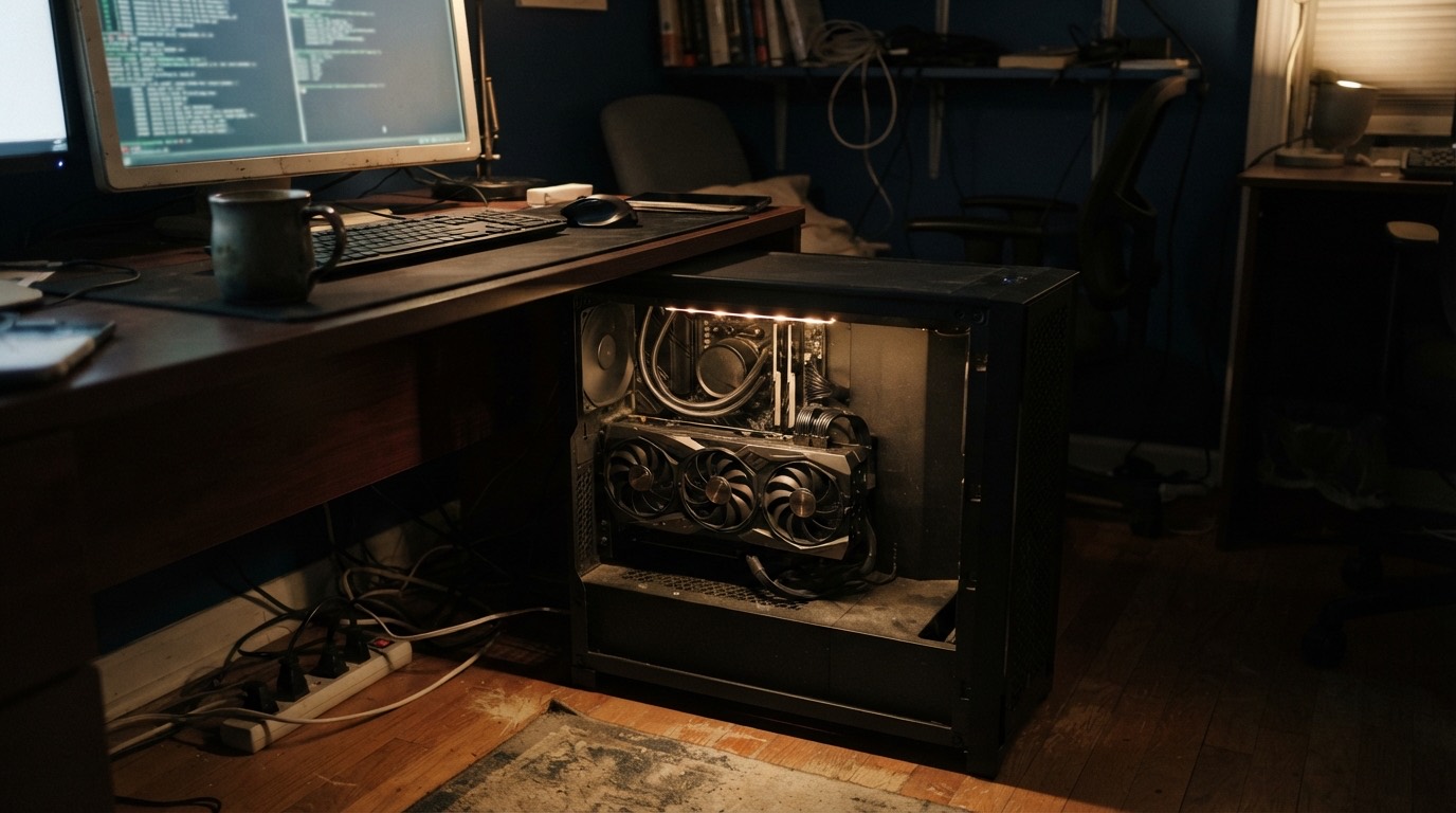 A tower PC with the side panel off and a large graphics card, next to a home desk at night