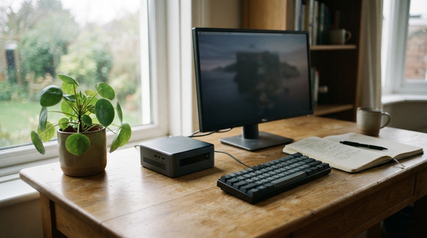 A book-sized mini PC on a tidy desk next to a monitor and keyboard