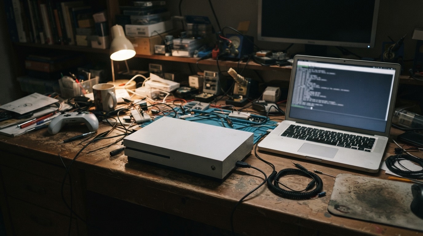 A game console connected to a laptop on a hobbyist electronics desk at night